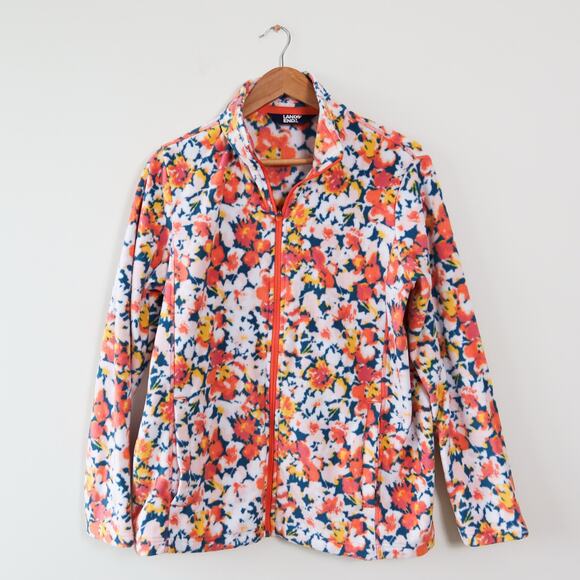Lands End Baltic Orange Green Floral Print Full Zip Fleece Jacket Large - Picture 1 of 7